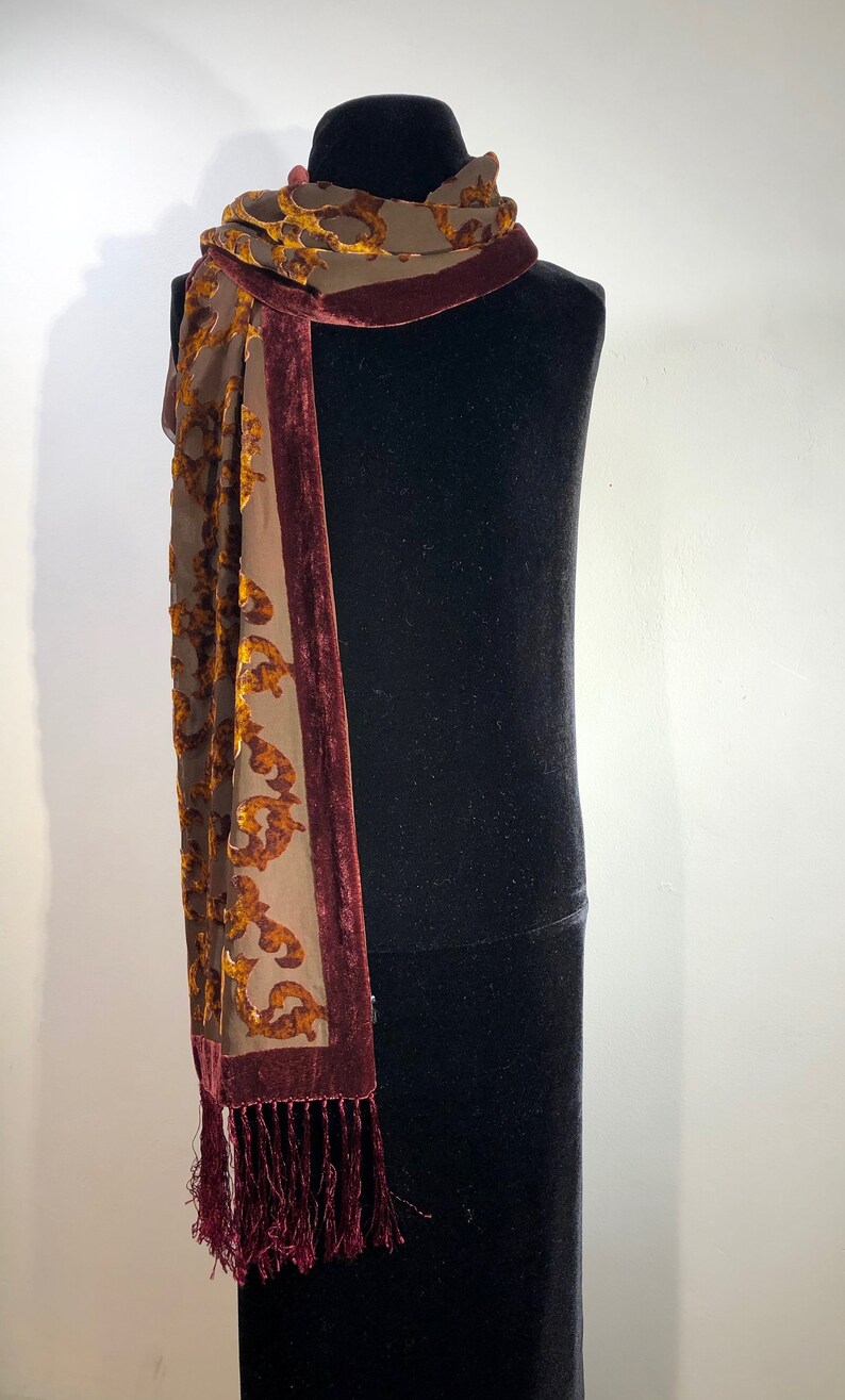 Velvet devore//burn out scarf Dark red with fringe NEW