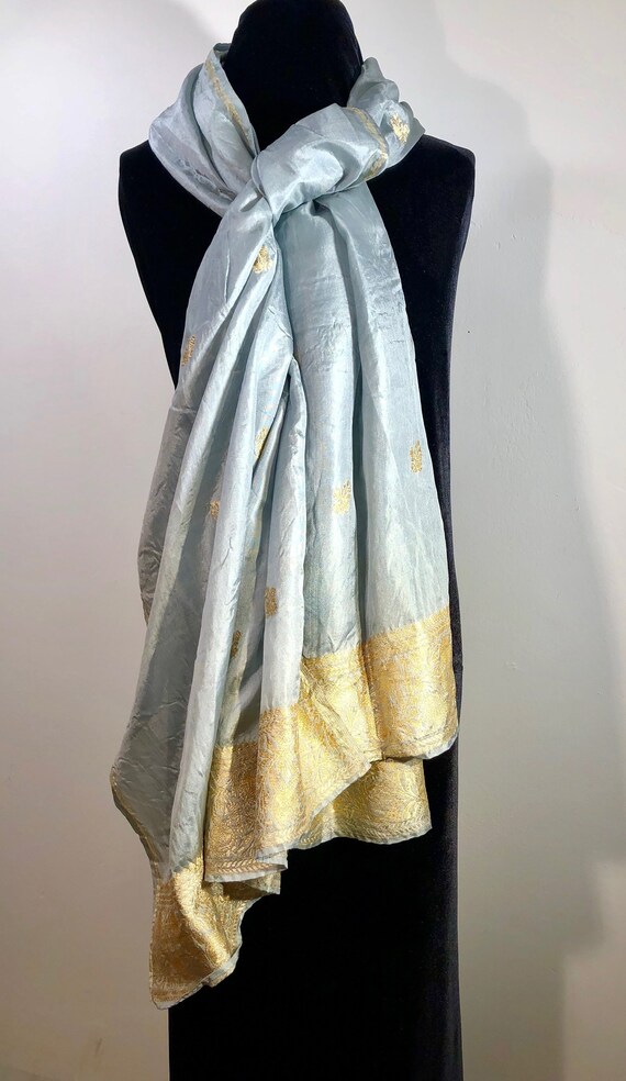 A gorgeous silken shimmery silvery grey scarf,/wra