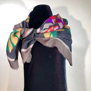 Trafalgar - A modern version of the &quot;peasant&quot; scarf with absract floral designs of red, forest green,ochre, purple, burgundy & gray on black