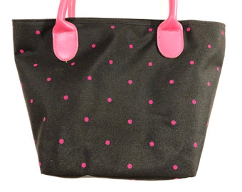 Vintage - A black zippered handbag with pink polka dots - totally charming!