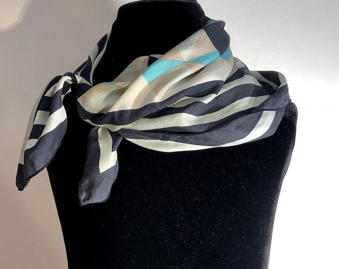 Paris Vintage -A bold chic Parisian silken, geometric, Art Deco inspired black & white scarf with beige and light turquoise - whisper soft