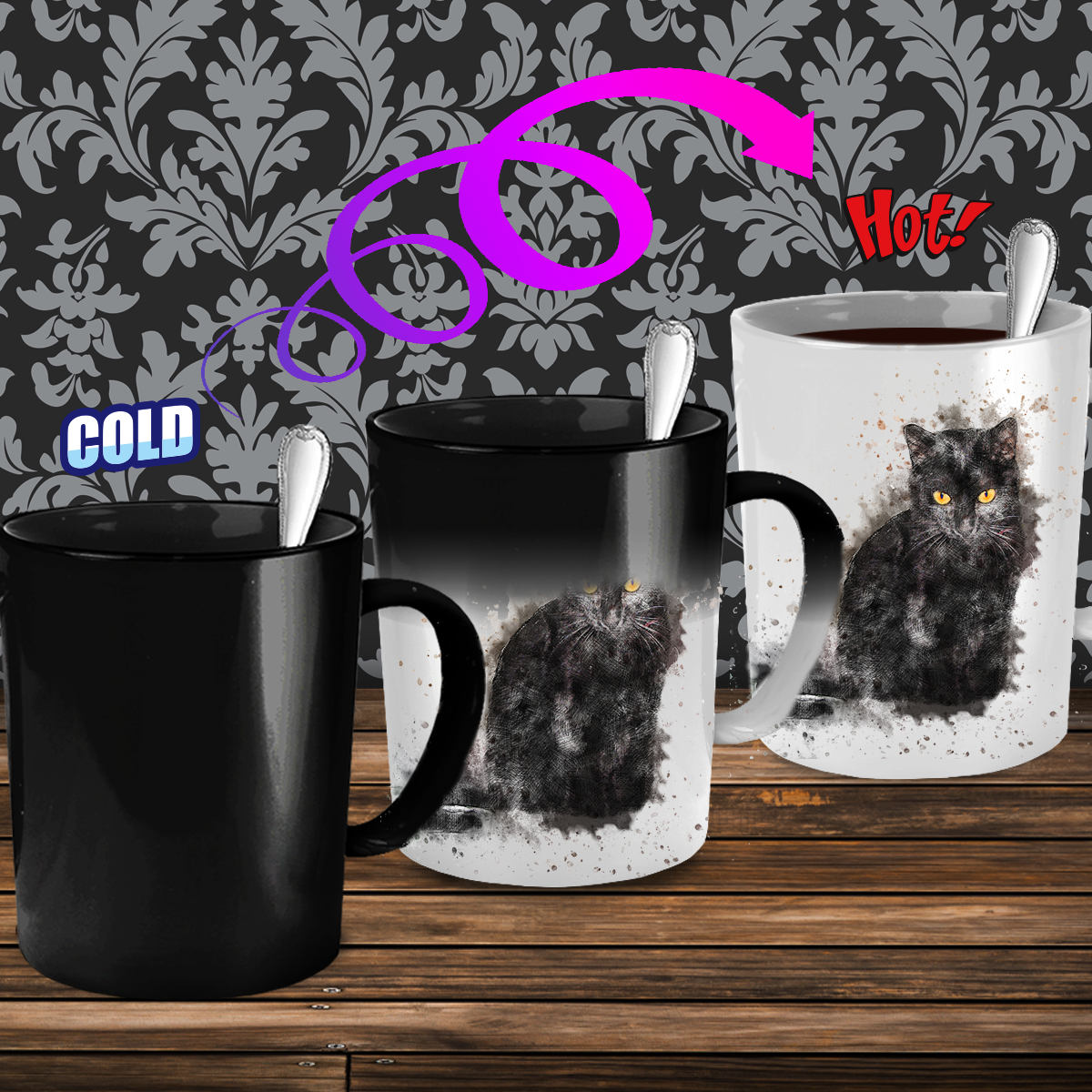 Taza con forma de gato y ojos de corazón