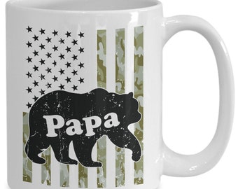 Papa Bear Mug, Papa Bear Camouflage Flag for Patriot Dad, Papa Bear Coffee Cup Gift for  Dad Birthday 11 or 15oz