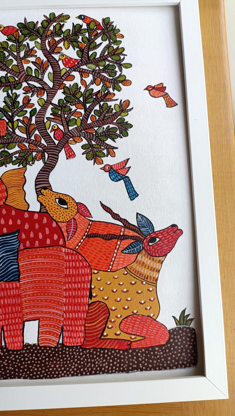Hand-painted Gond Art Tree of Life Painting With Animals, Indian Folk ...