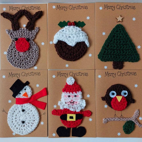 Christmas cards with designs-reindeer-robin-christmas pudding-snowman-father christmas-christmas tree-christmas crochet-handmade christmas