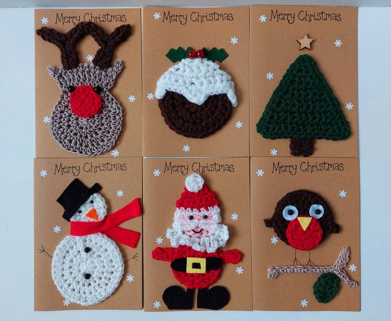 Christmas cards with designs-reindeer-robin-christmas pudding-snowman-father christmas-christmas tree-christmas crochet-handmade christmas