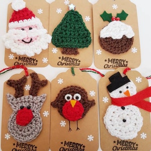 Set of 6 handmade christmas gift tags-Santa-reindeer- christmas pudding-robin-snowman-christmas tree-handmade christmas-crochet-father xmas