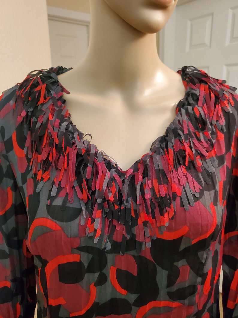 Pullover Blouse with Fringed Collar and Cuffs Halloween Black Red Semi-Sheer Funky Costume Playful Grey and Maroon