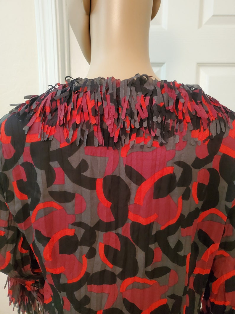 Pullover Blouse with Fringed Collar and Cuffs Halloween Black Red Semi-Sheer Funky Costume Playful Grey and Maroon