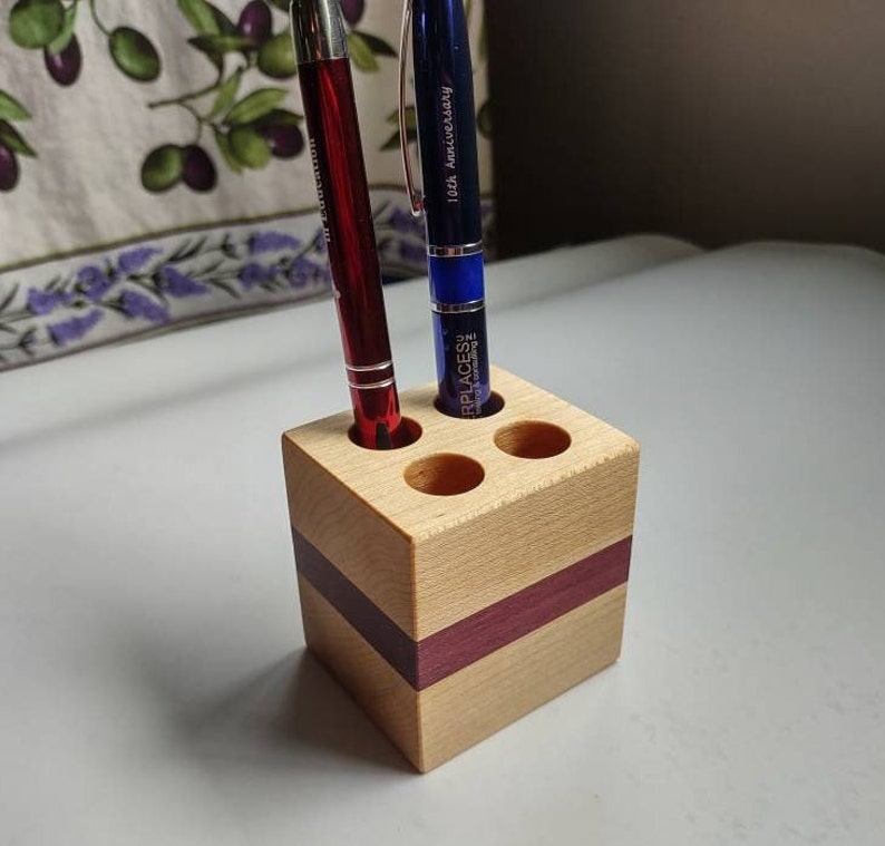 Pen Holder Handcrafted from Maple & Purple Heart 4 Hole Fancy image 6