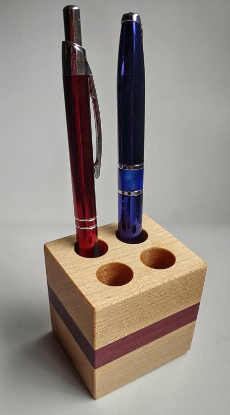 Pen Holder Handcrafted from Maple & Purple Heart 4 Hole Fancy image 3