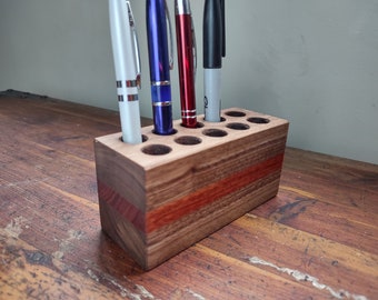 Pen Holder Handcrafted from Black Walnut & Bloodwood 10 Hole Fancy