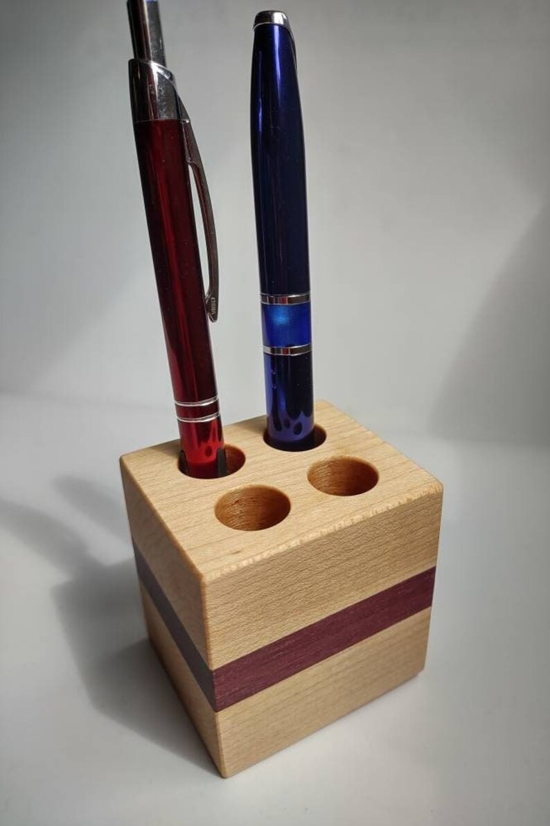 Pen Holder Handcrafted from Maple & Purple Heart 4 Hole Fancy image 2