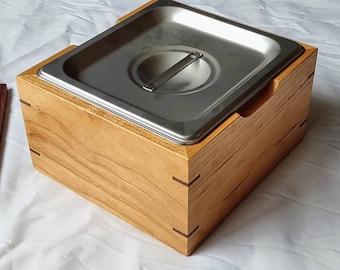 Small Countertop Compost Bin handmade from Cherry and Walnut.  Stainless Steel Insert is Smell-Blocking and Cleans Easily.