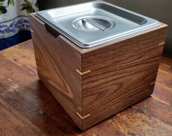 Countertop Compost Bin from Black Walnut Medium Sized 6". Stainless Steel Insert is Smell-Blocking and Cleans Easily.