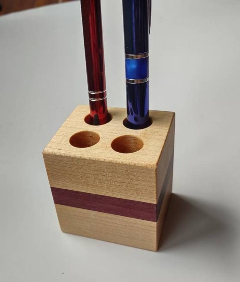 Pen Holder Handcrafted from Maple & Purple Heart 4 Hole Fancy image 4