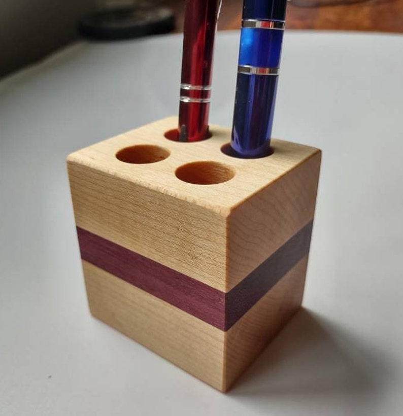 Pen Holder Handcrafted from Maple & Purple Heart 4 Hole Fancy image 1