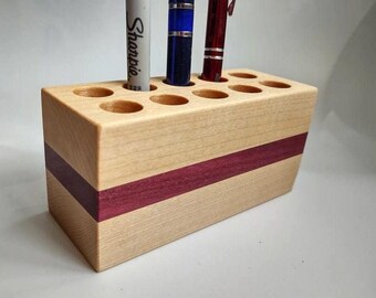 Pen Holder Handcrafted from Maple & Purple Heart 10 Hole Fancy