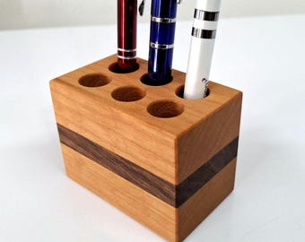Pen Holder Handcrafted from Cherry and Black Walnut 6 Hole Engraveable