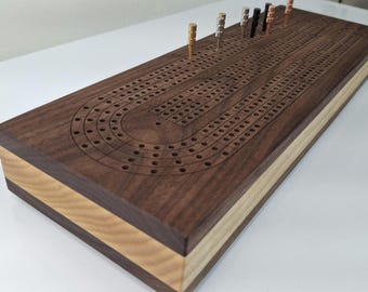 Handcrafted Black Walnut Cribbage Board: 4 Track, Card Storage Ash Accent