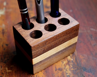 Pen Holder Handcrafted from Black Walnut & Cherry 6 Hole Fancy