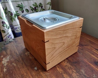 Countertop Compost Bin handmade from Cherry and Walnut 6". Medium Sized.  Stainless Steel Insert is Smell-Blocking and Cleans Easily.