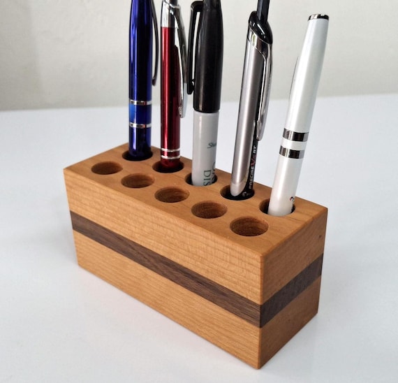 Beautifully handcrafted dual-wood pen holder in cherry & black walnut — the kind of desk piece that makes people ask 'where did you get that?'
