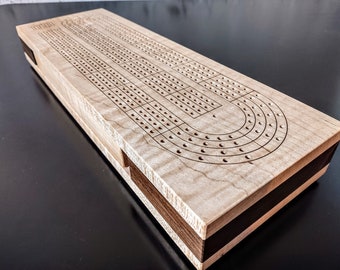 Curly Maple & Walnut Cribbage Board 4 track.  Engraved Skunk lines.  American Hardwoods.  On-Board Storage for included cards and pieces.