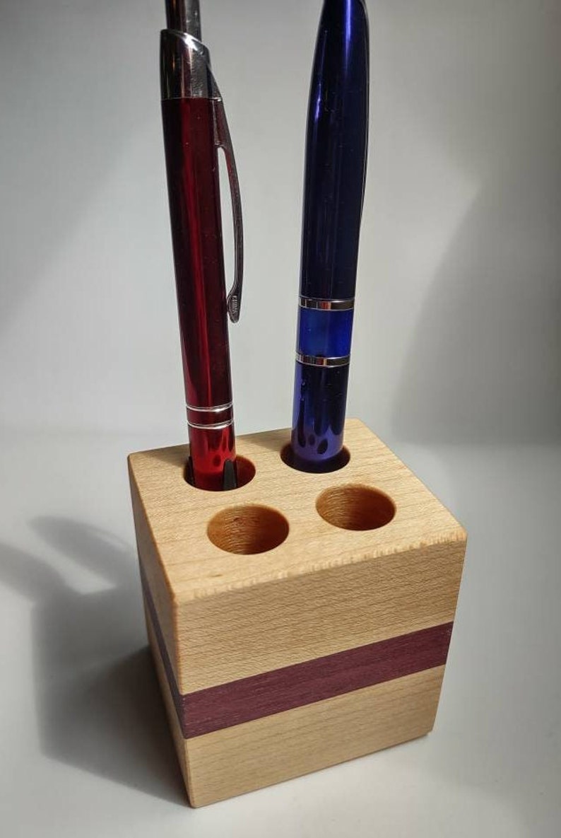 Pen Holder Handcrafted from Maple & Purple Heart 4 Hole Fancy image 5