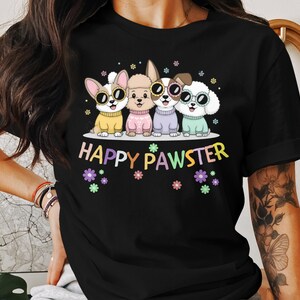 Cute Happy Pawster Dog Graphic Tee, Fun Dog Lover T-Shirt, Cute Cartoon Dog Shirt, Casual Pet Lover Top, Colorful Dog Crew Tee