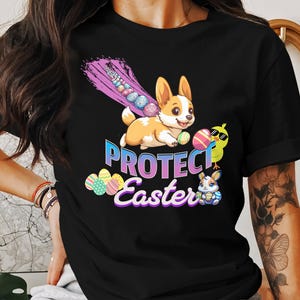 Uroczy Corgi Protect Easter Graphic Tee, Króliczek Królik i Jajka Ilustracja, Zabawna Wielkanocna Koszulka, Kolorowy Wielkanocny Pies T-shirt