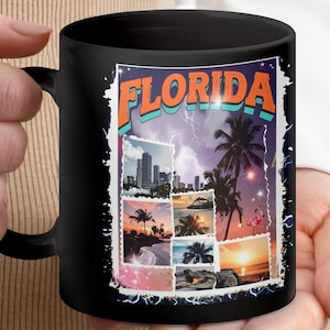 Taza retro con atardecer en Florida, recuerdo de viaje, diseño de postal playera vintage, taza deportiva coleccionable, regalo con horizonte oceánico