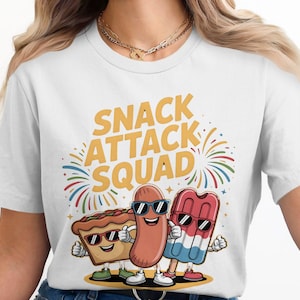 Camiseta divertida de Snack Attack Squad, divertida camiseta con gráficos para amantes de la comida, camiseta con personajes de comida de dibujos animados, un regalo moderno y adorable para amantes de la comida.