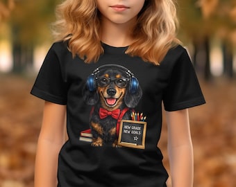 Maglietta con bassotto per il ritorno a scuola, maglietta con cucciolo "Nuova classe, nuovi obiettivi", maglietta per bambini per il primo giorno di scuola, regalo carino per studenti con cane