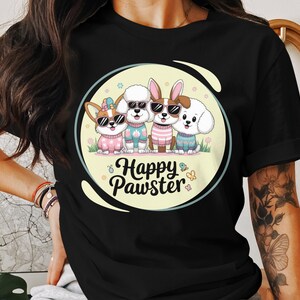 Cute Cartoon Dogs in Sweaters TShirt, Happy Pawster Pet Lovers Tee, Adorable Puppy Print Shirt, Animal Lovers Gift