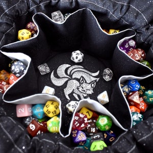 The Ghost Fox Dice Bag - 18 Set Embroidered Pocket Dice Bag | Holds 130 dice | DnD dice bag | Made to Order | Dungeons and Dragons