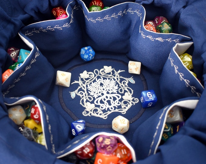 The Silver Tree Dice Bag - Embroidered Medium Pocket Dice Bag | Holds 18 sets | DnD dice bag | Made to Order | Dungeons and Dragons