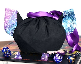 The Galactic Cat Dice Bag - Multi Sized (15, 30 or 70 Dice Sets) | Pocket Dice Bag | Made to Order | Dungeons and Dragons Cat Ear Dice Bag