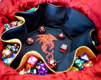 The Red Dragon's Dice Bag - Embroidered Medium Pocket Dice Bag | Holds 18 sets | DnD dice bag | Made to Order | Dungeons and Dragons