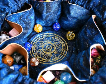 The Star Scribe's Dice Bag - 18 Dice Set Embroidered Pocket Dice Bag | Holds 130 dice | DnD dice bag | Made to Order | Dungeons and Dragons