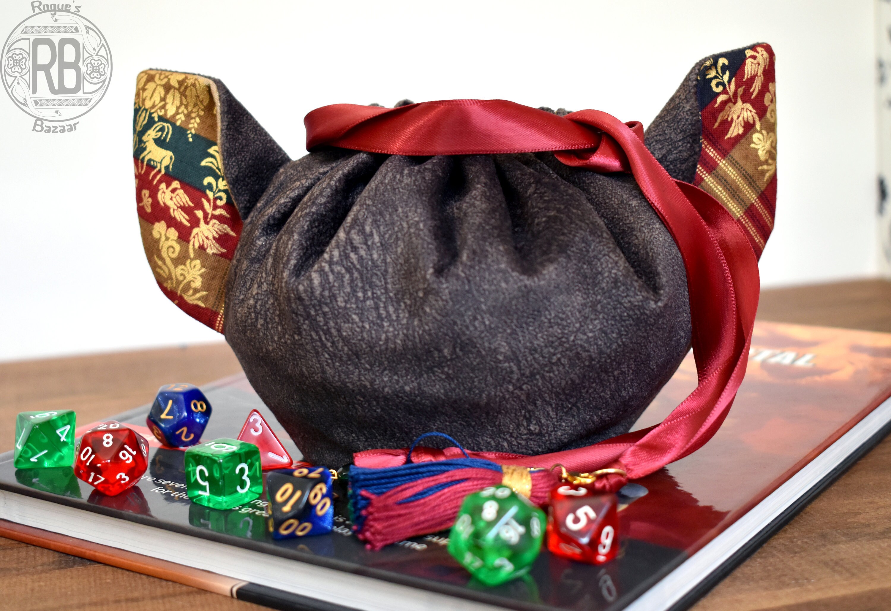 Holds 15 sets or 105 Dice The Undertaker's Cat Pouch Small Pocketed Cat Earred Dice Bag