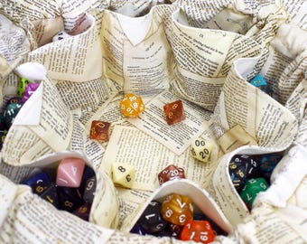 The Book Seller's Dice Bag - Pocketed Dice Bag | Two Sizes: Holds 18 sets or 12 sets | DnD dice bag | Made to Order | Dungeons and Dragons