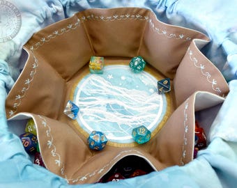 The Coastal Merchant's Dice Bag - 18 Dice Set Embroidered Pocket Dice Bag | Holds 130 dice | Made to Order | Dungeons and Dragons