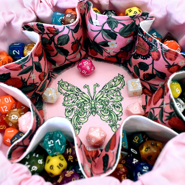 The Strawberry Sprite's Dice Bag - Embroidered Medium Pocket Dice Bag | Holds 18 sets | DnD dice bag | Made to Order | Dungeons and Dragons