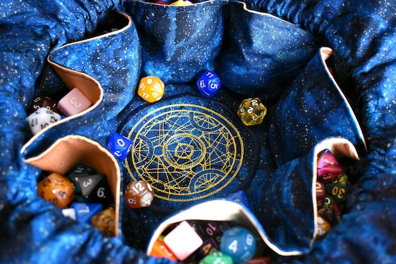 The Star Scribe's Dice Bag - 18 Dice Set Embroidered Pocket Dice Bag | Holds 130 dice | DnD dice bag | Made to Order | Dungeons and Dragons