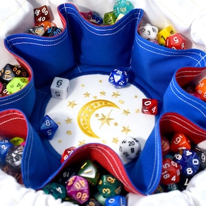The Moon Warrior&#39;s Dice Bag  - Embroidered Pocketed Dice Bag | Two Sizes: 18 sets or 12 sets | Made to Order | Dungeons and Dragons