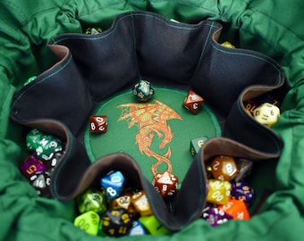 The Dragon Hunter's Dice Bag - 18 Dice Set Embroidered Pocket Dice Bag | Holds 130 dice | Made to Order | Dungeons and Dragons