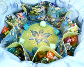 The Illustrator's Dice Bag - 18 Dice Set Embroidered Pocket Dice Bag | Holds 130 dice | DnD dice bag | Made to Order | Dungeons and Dragons
