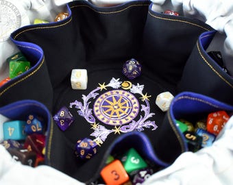 The Midnight Magician's Dice Bag - 18 dobbelstenen set geborduurde zak met dobbelstenen | Geschikt voor 130 dobbelstenen | DnD-zakje met dobbelstenen | Kerkers en draken