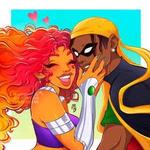 May include: A digital illustration of a couple, a woman with red hair and a man with a yellow bandana, smiling at each other. The woman is wearing a purple and white top and the man is wearing a green and black shirt.